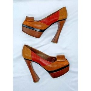 Marni Colorblock Platform Bow Heel Sz 7 - Multicolor Peep Toe Chunky Blo…